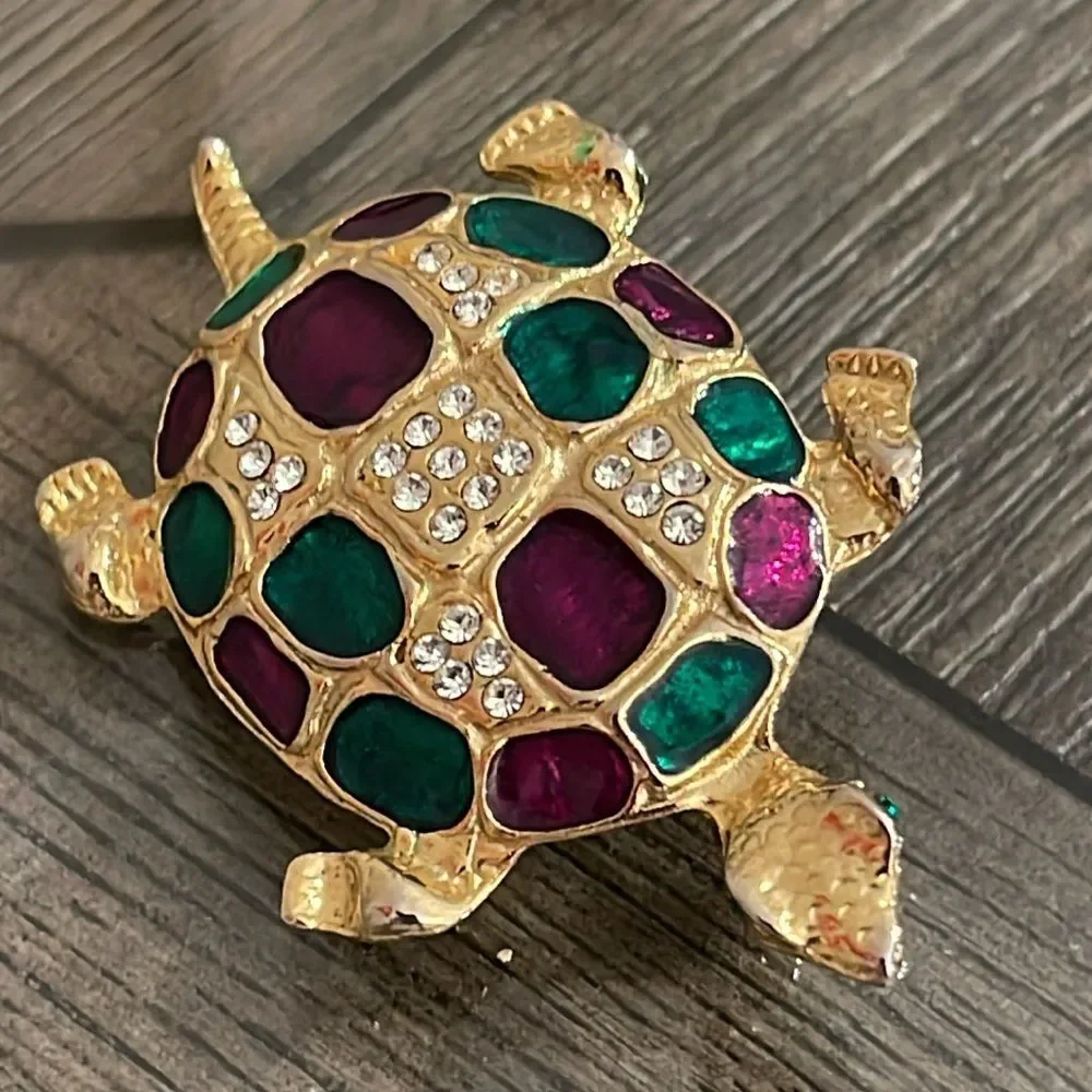 Vintage Gold-tone Rhinestone & Enamel Turtle Pin